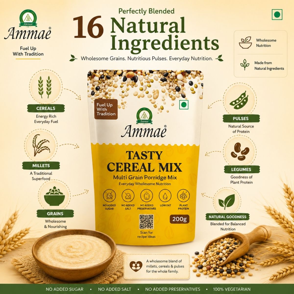 Ammae Multigrain Porridge Mix Powder | Tasty Cereal Mix for kids - Ammae Foods India